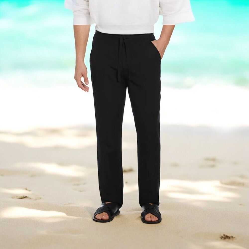 CUBAVERA MEN’S LINEN-BLEND CORE DRAWSTRING PANTS JET BLACK size XL(40-42)